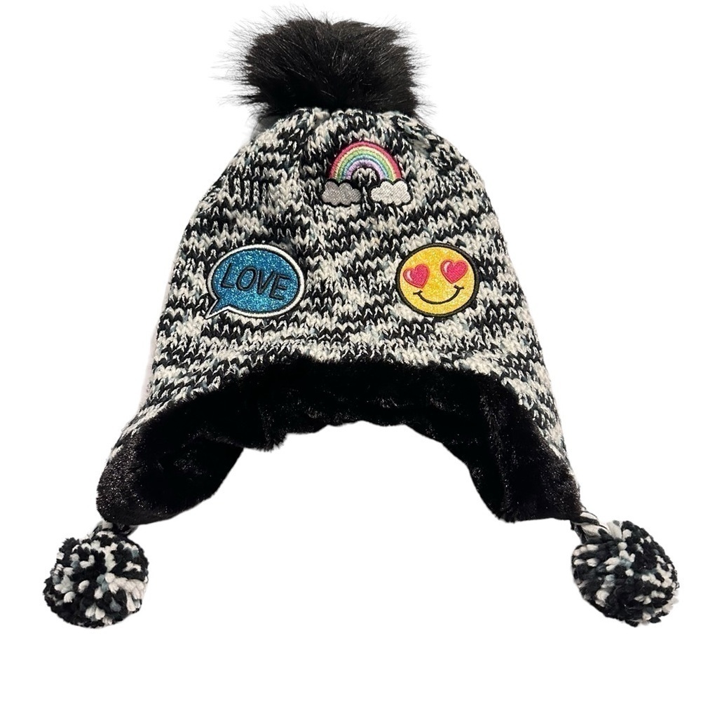 Chunky Knit Emoji Tassled Beanie Black & White Girls‎ OS Hat